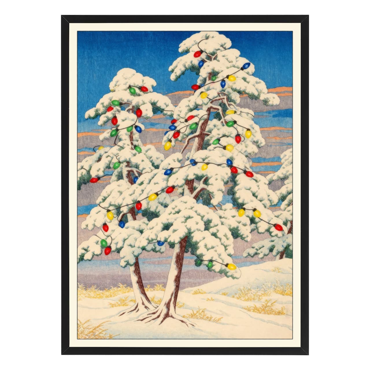 Snowy Pines with Christmas Lights