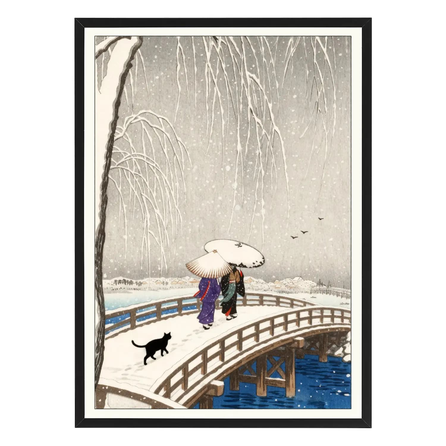 Winter Bridge with Geishas & their Cat