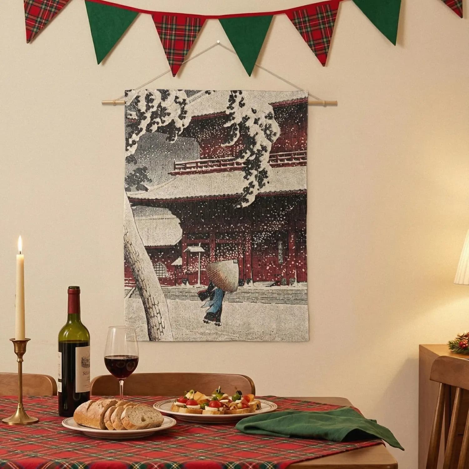 Red Temple in Snow Tapestry