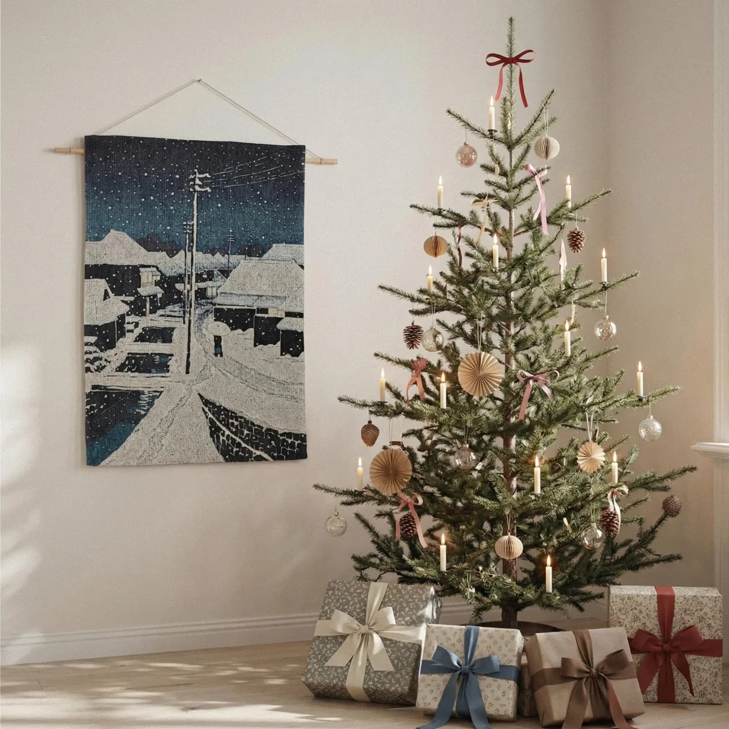 Snowy Night Street Tapestry