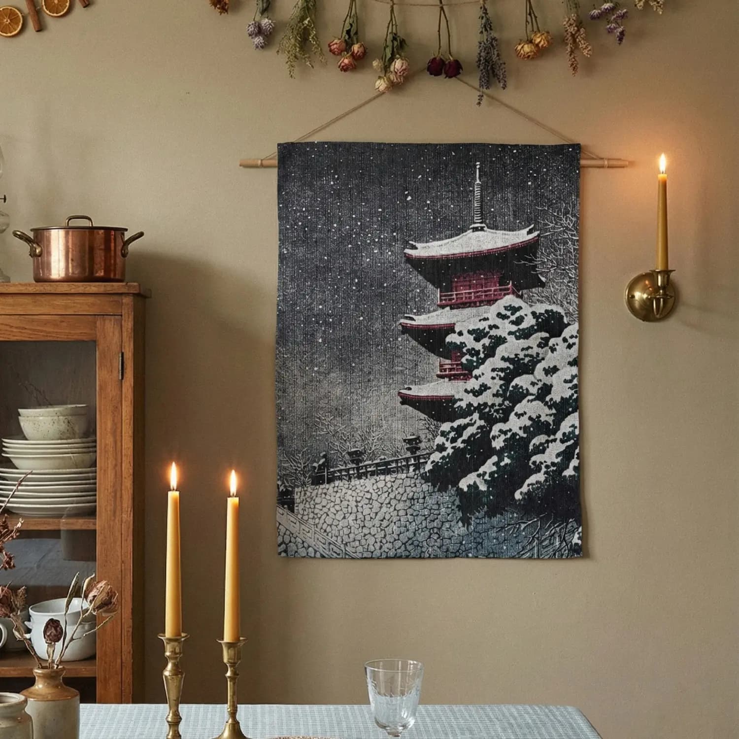 Japanese Pagoda in Snow Tapestry